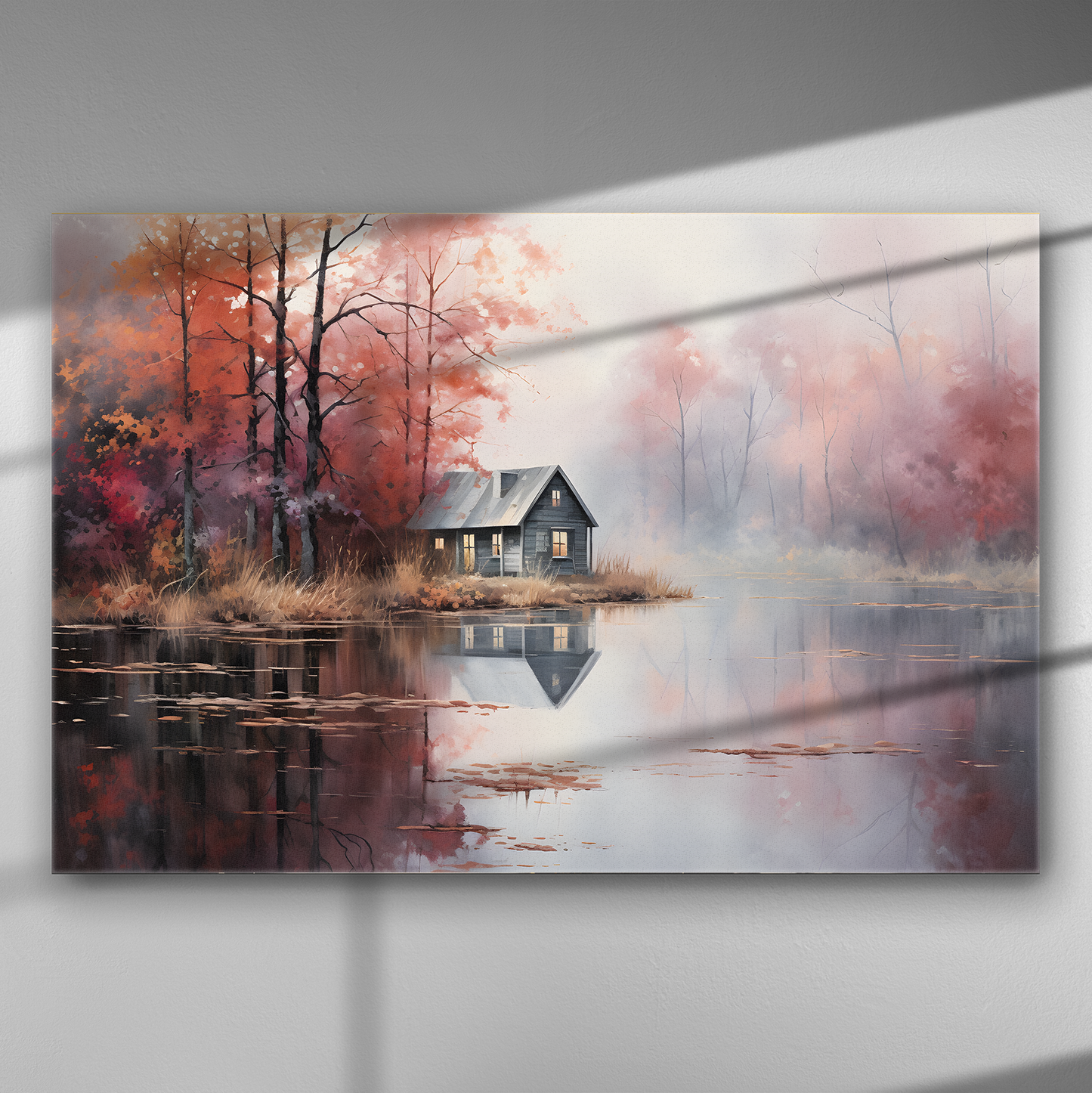 Καλύβα Στη Λίμνη: Αντανάκλαση Φθινοπώρου - Πίνακας σε Καμβά