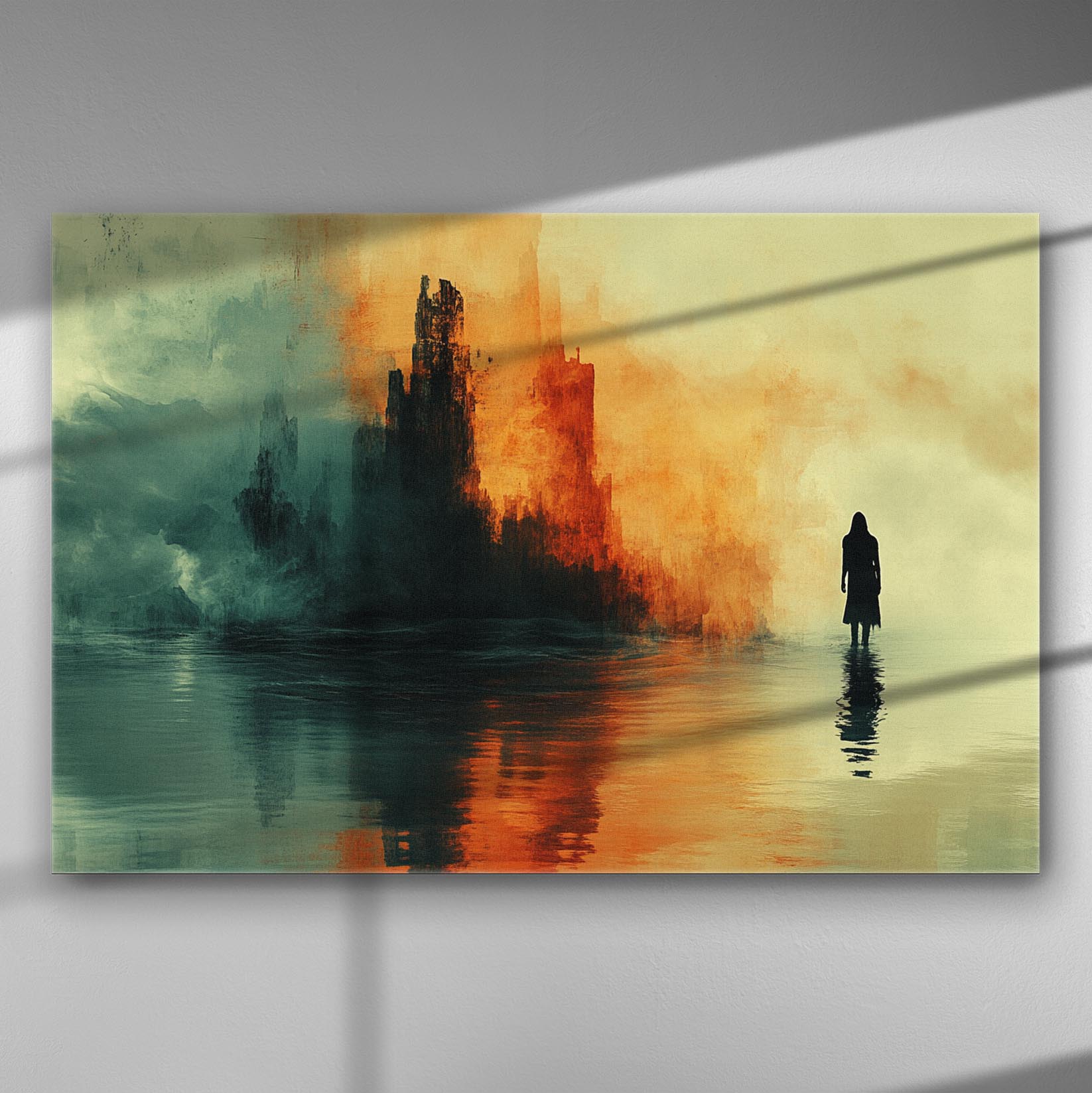 silhouette in front of abstract burning city, mist and orange smoke, dramatic surreal canvas art