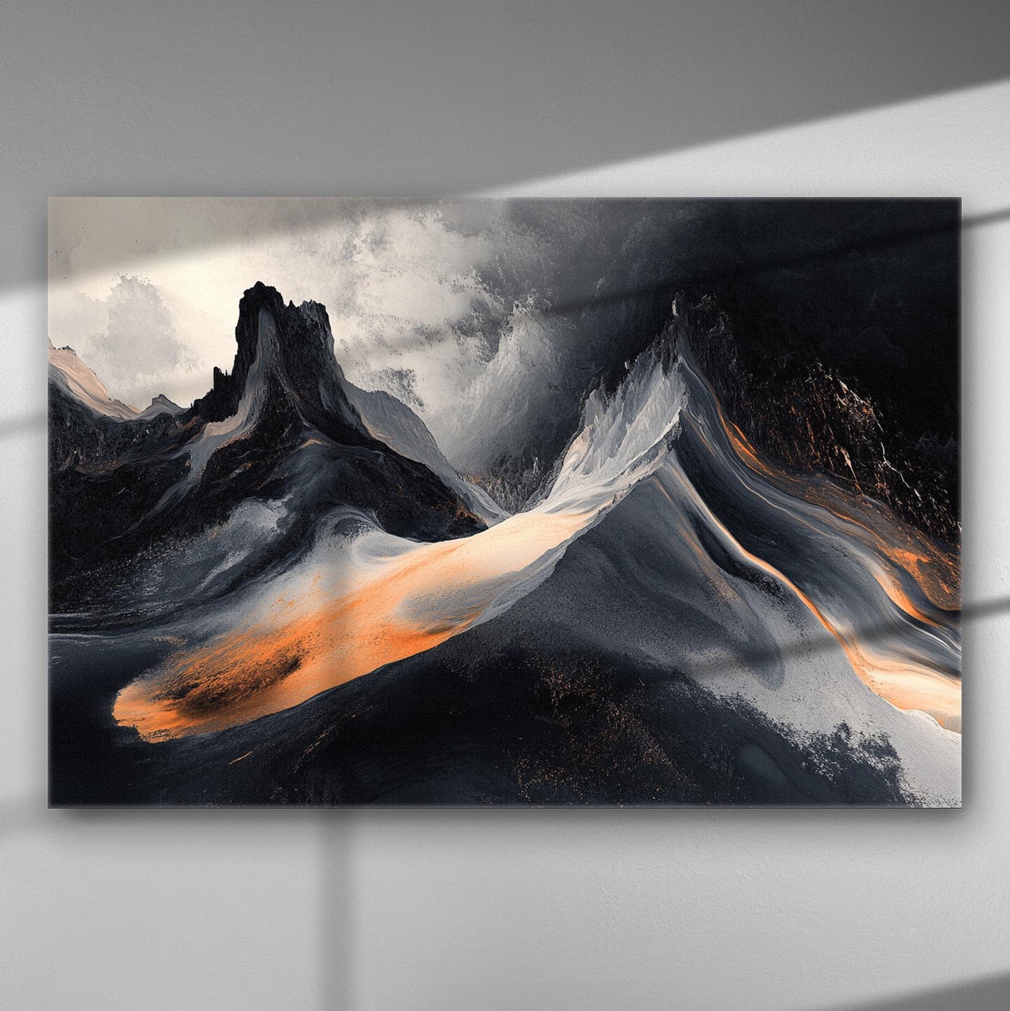 abstract dark mountain landscape with flowing orange lava-like form, dramatic and surreal canvas art