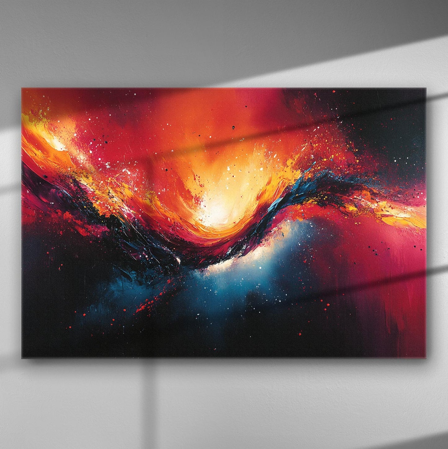 explosive abstract artwork with fiery orange and deep space blue, cosmic energy swirl, high contrast canvas art