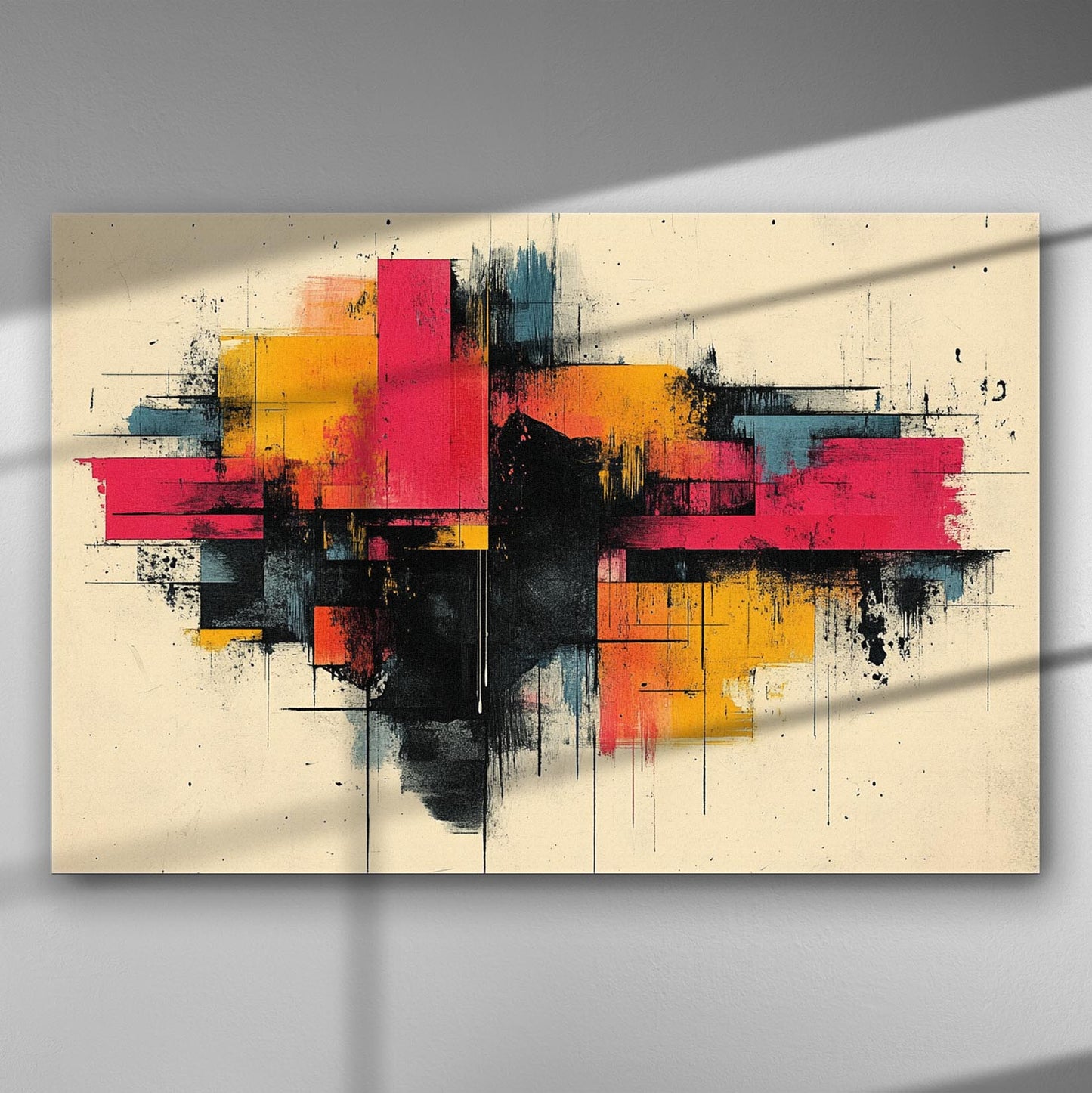 geometric abstract canvas with bold red, orange and black urban blocks, modern industrial art style