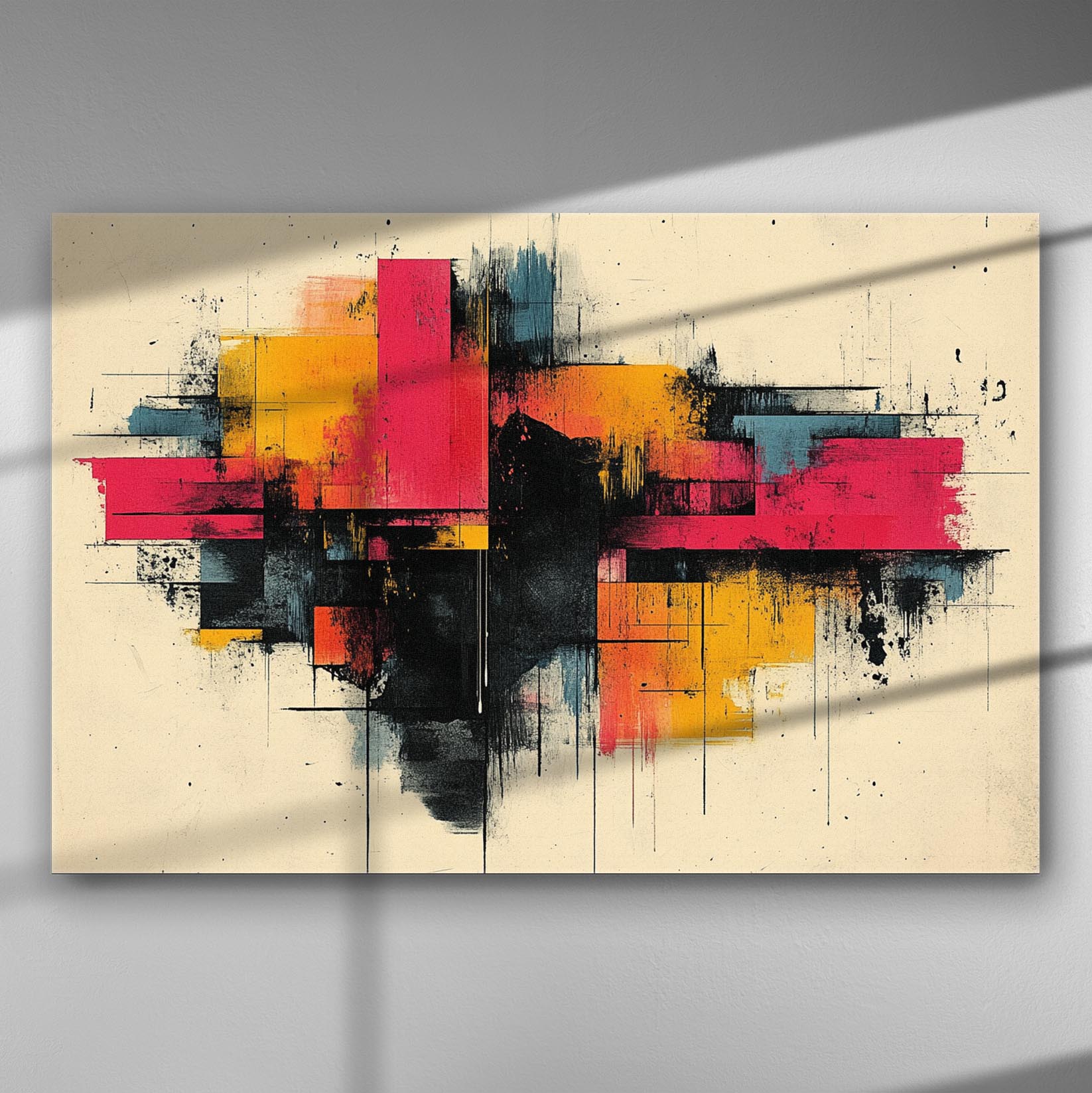 geometric abstract canvas with bold red, orange and black urban blocks, modern industrial art style