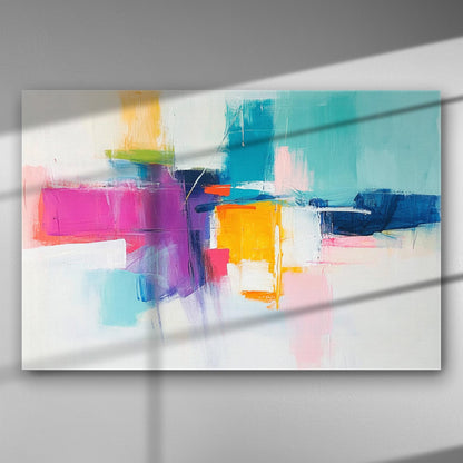 bright abstract canvas with playful pink, teal, yellow and white brush strokes, cheerful modern art