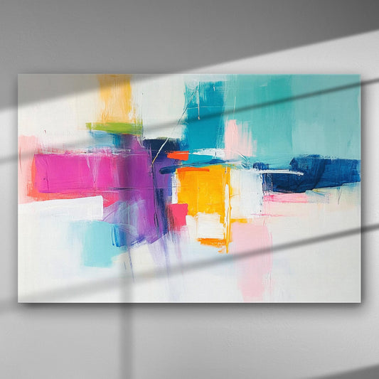 bright abstract canvas with playful pink, teal, yellow and white brush strokes, cheerful modern art