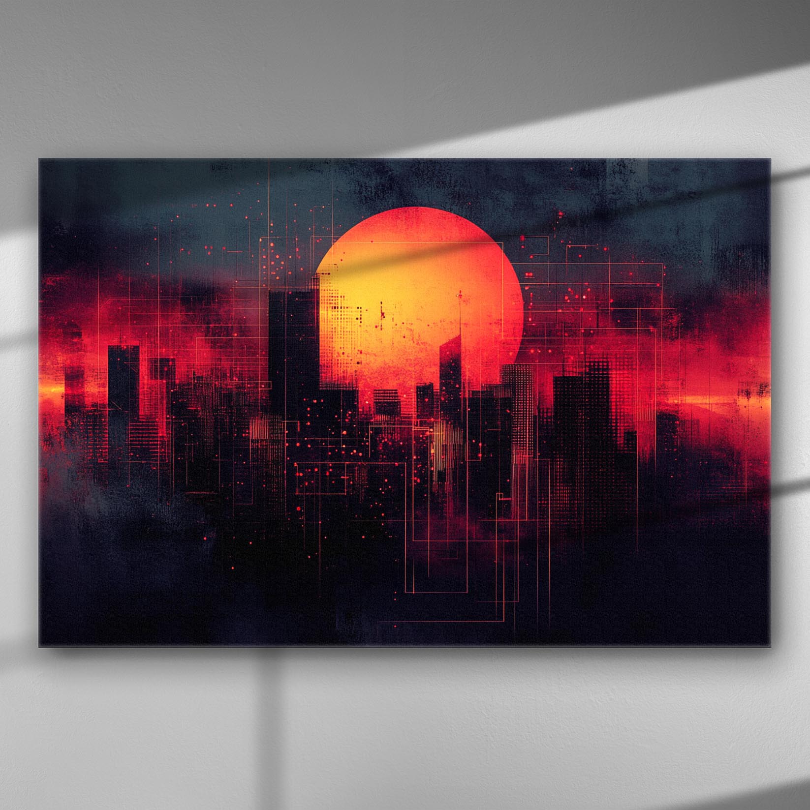 cyberpunk city skyline with glowing red sun, digital grid overlay, futuristic sci-fi canvas art