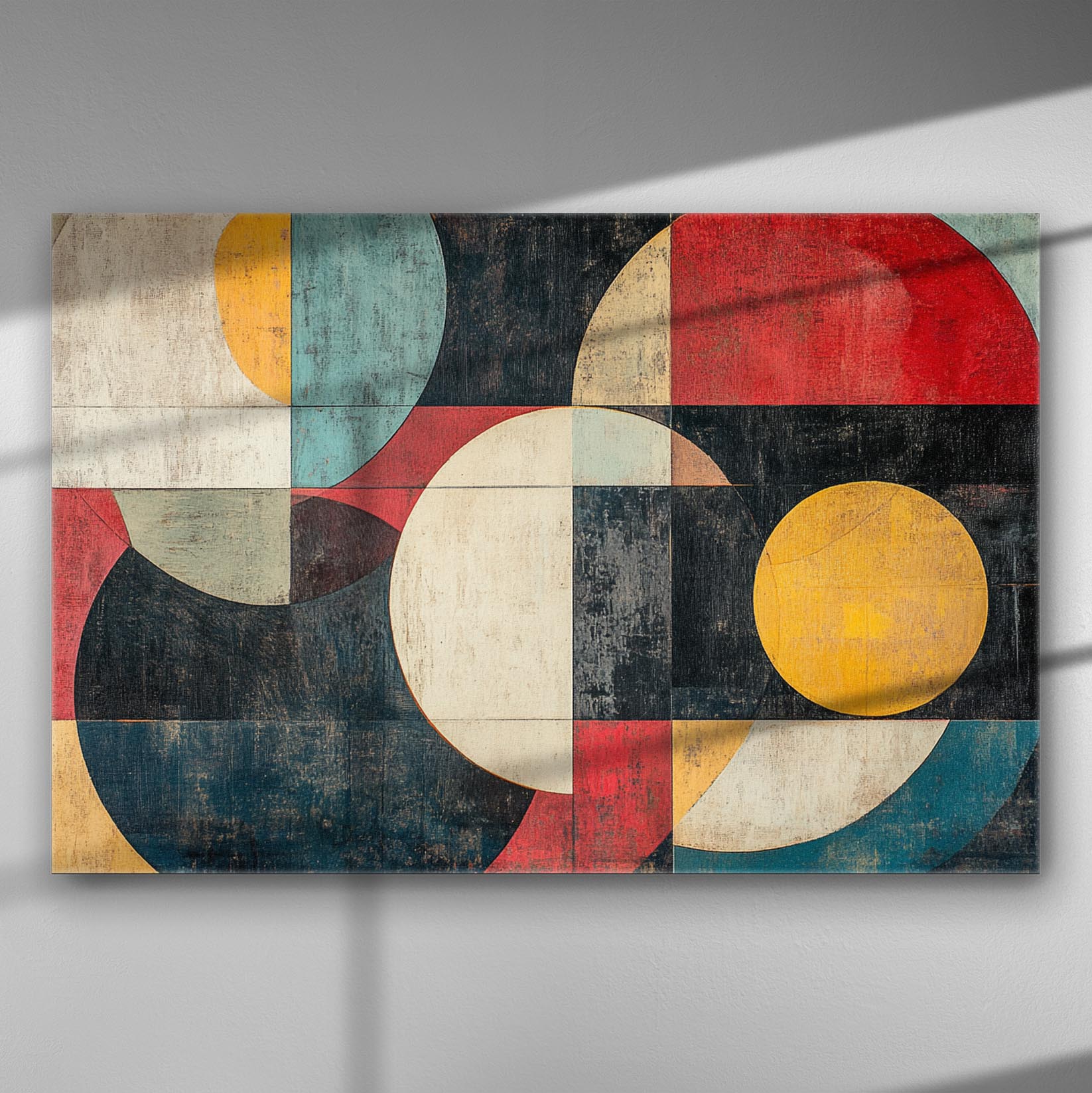 mid-century modern abstract canvas with geometric circles and rectangles in warm retro colors, Bauhaus inspired