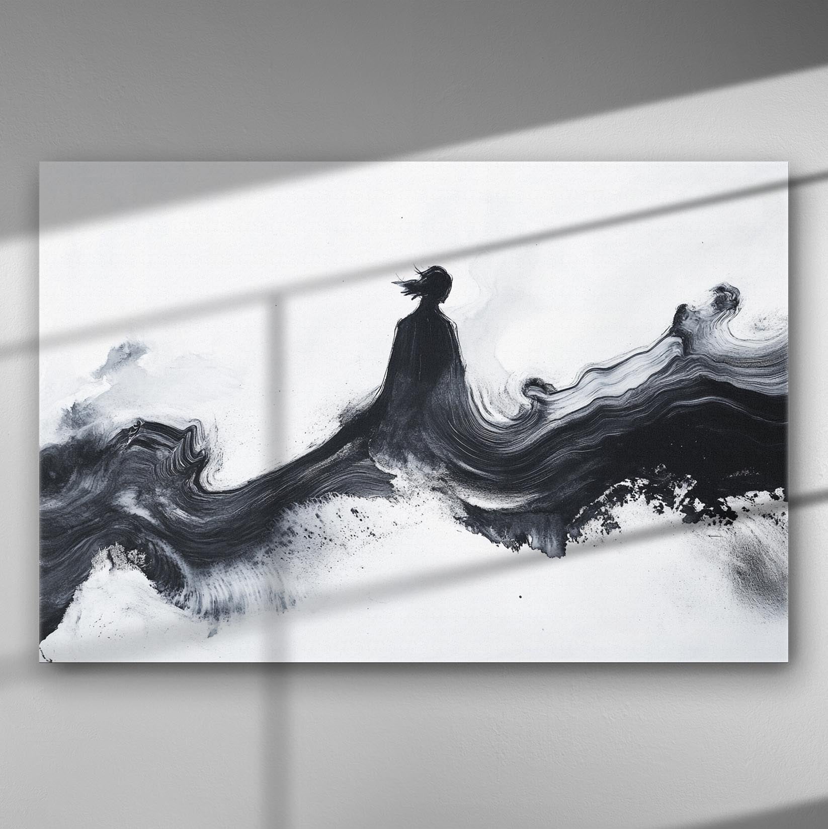 black ink silhouette in abstract brush flow, minimal Japanese sumi-e style canvas art
