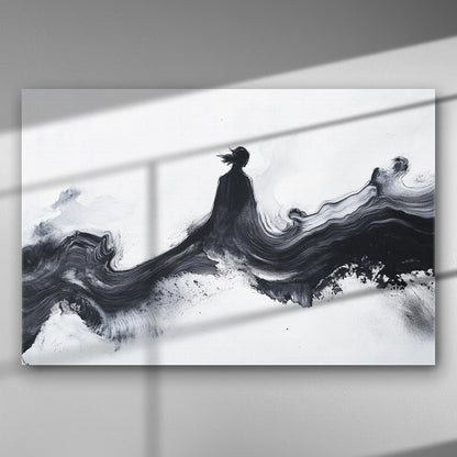 black ink silhouette in abstract brush flow, minimal Japanese sumi-e style canvas art