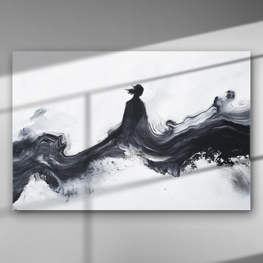 black ink silhouette in abstract brush flow, minimal Japanese sumi-e style canvas art
