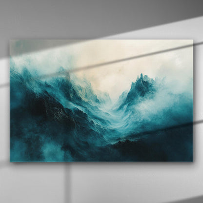 Abstract mountain landscape with mist and teal tones on canvas, cinematic foggy peaks.