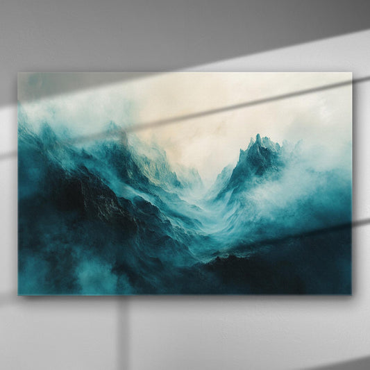 Abstract mountain landscape with mist and teal tones on canvas, cinematic foggy peaks.
