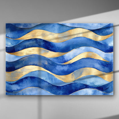 Καμβάς με μπλε και χρυσά κύματα, διαθέσιμος σε τρία μεγέθη.