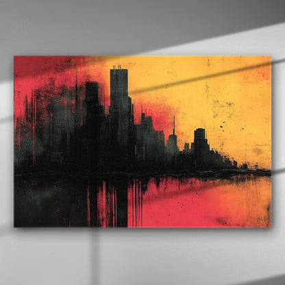 Αφηρημένο αστικό τοπίο με έντονα κόκκινα, μαύρα και κίτρινα χρώματα σε καμβά.