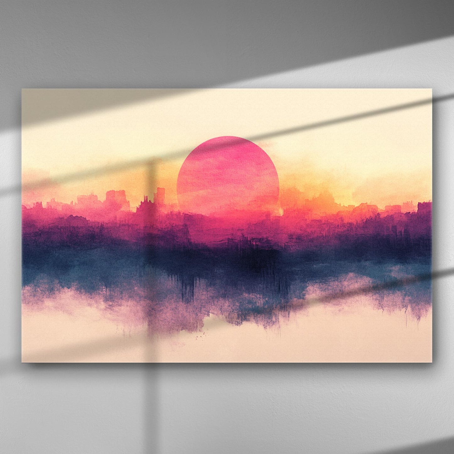 Αφηρημένος καμβάς με ηλιοβασίλεμα σε ροζ και μπλε τόνους, διαθέσιμος σε τρία μεγέθη.