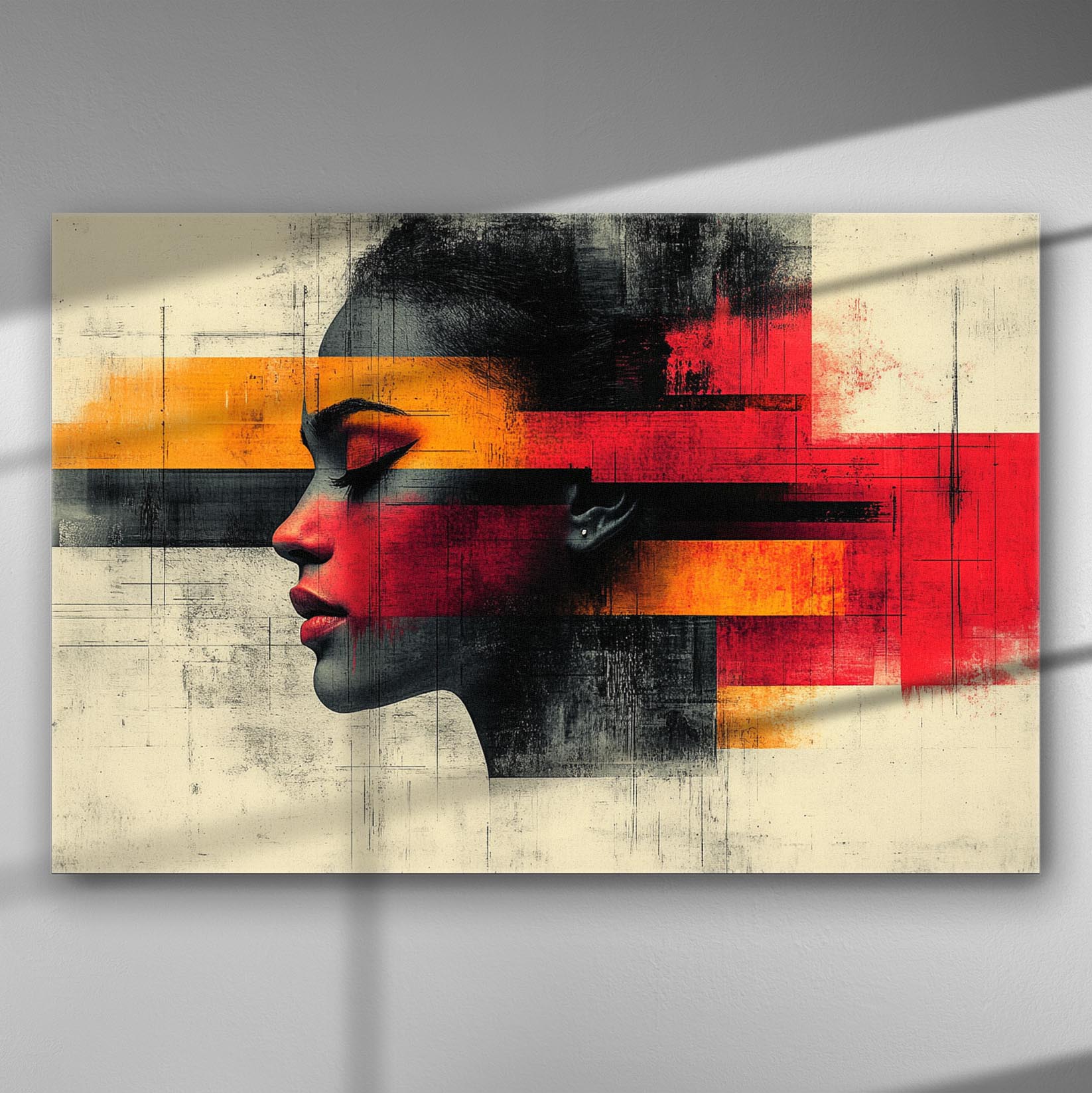 Έγχρωμος καμβάς αφηρημένου πορτρέτου με γεωμετρικά σχέδια και έντονα χρώματα.