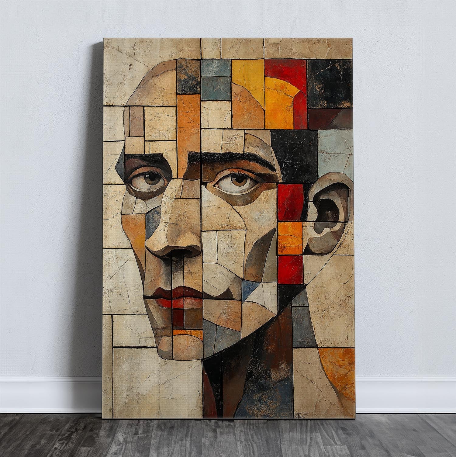 Αφηρημένος καμβάς τέχνης με γεωμετρικό πρόσωπο σε έντονα χρώματα και μοντέρνο ύφος.