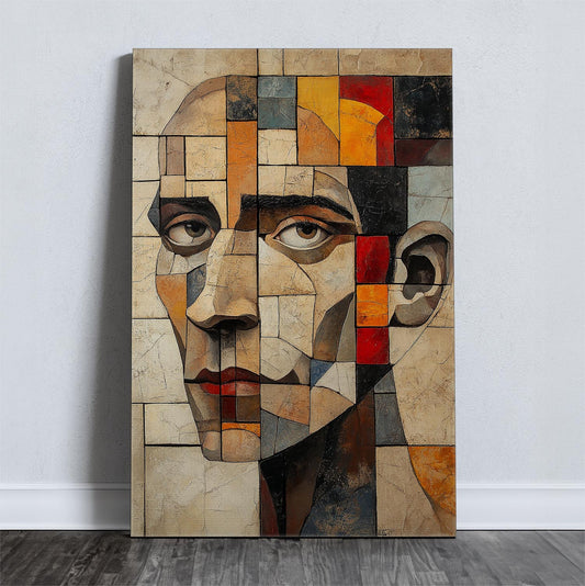 Αφηρημένος καμβάς τέχνης με γεωμετρικό πρόσωπο σε έντονα χρώματα και μοντέρνο ύφος.