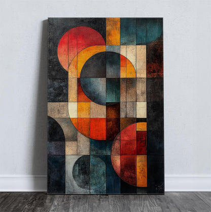 Καμβάς με αφαιρετικά γεωμετρικά σχέδια και πολυχρωμίες σε ζεστή παλέτα χρωμάτων.