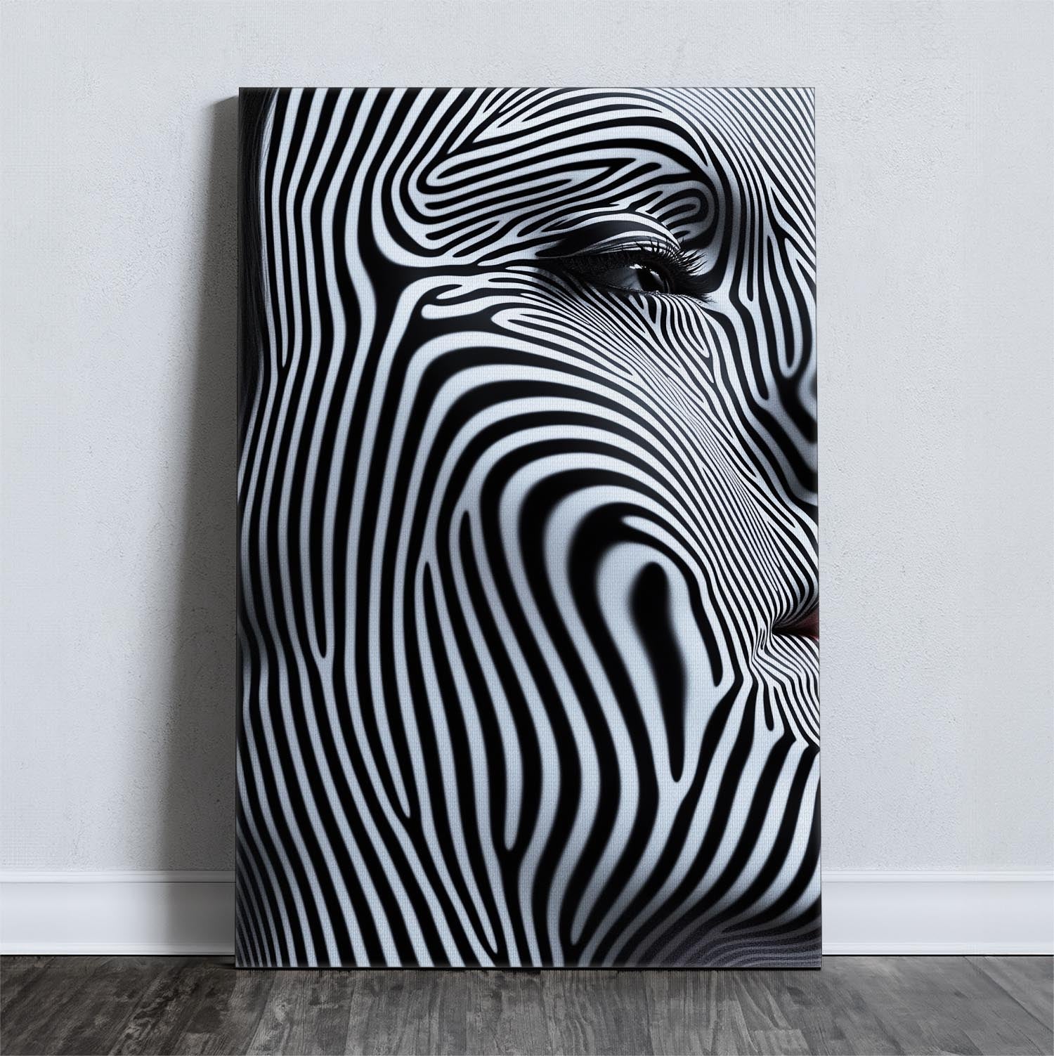 Monochrome abstract canvas print with black and white wavy lines and an eye detail.