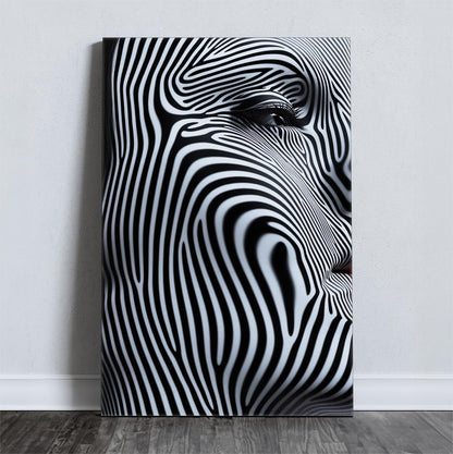 Monochrome abstract canvas print with black and white wavy lines and an eye detail.