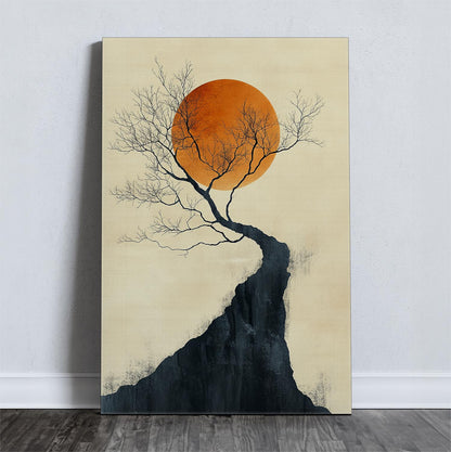 Καμβάς με δέντρο μπροστά από λαμπρό πορτοκαλί φεγγάρι, διαθέσιμος σε 67x45cm, 100x67cm, 150x100cm.