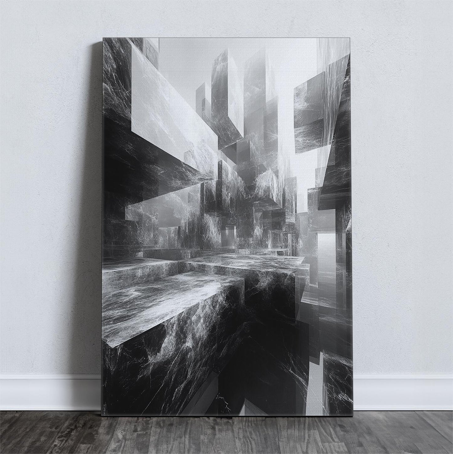 Αφηρημένος καμβάς με γεωμετρικά ασπρόμαυρα σχήματα, ιδανικός για μοντέρνα διακόσμηση τοίχου.