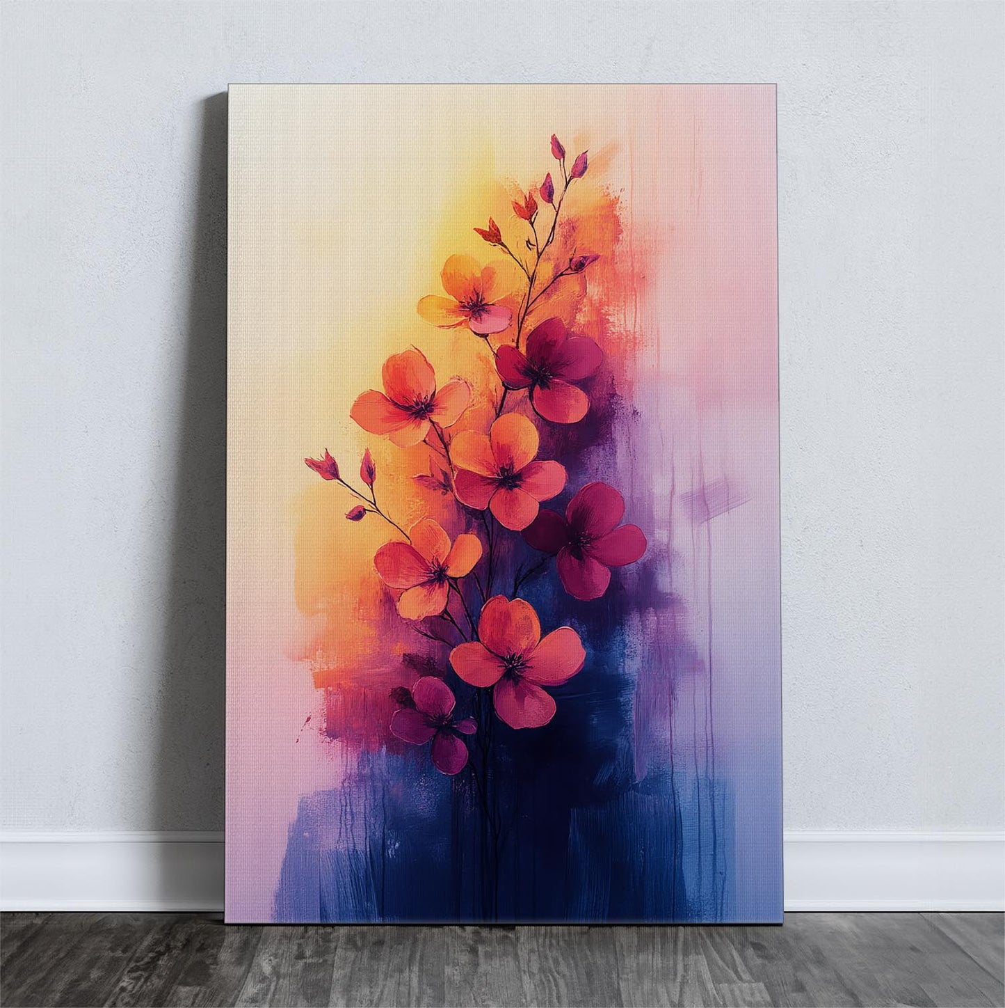 Καμβάς με ζωγραφισμένα άνθη σε τόνους δειλινού με καλλιτεχνική προσέγγιση.