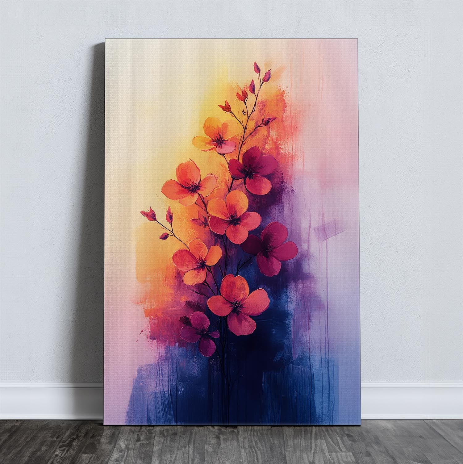 Καμβάς με ζωγραφισμένα άνθη σε τόνους δειλινού με καλλιτεχνική προσέγγιση.