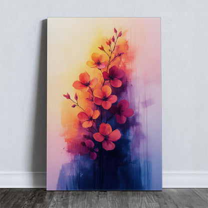 Καμβάς με ζωγραφισμένα άνθη σε τόνους δειλινού με καλλιτεχνική προσέγγιση.