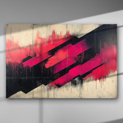 Abstract composition with dynamic black and pink shapes on a canvas print.