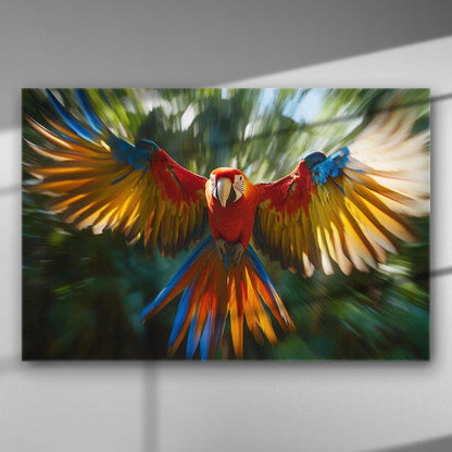 Vibrant parrot flying with colorful wings in a natural green background.
