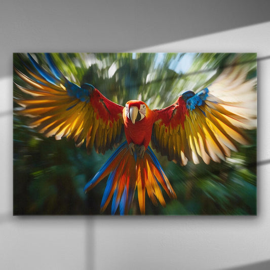 Vibrant parrot flying with colorful wings in a natural green background.
