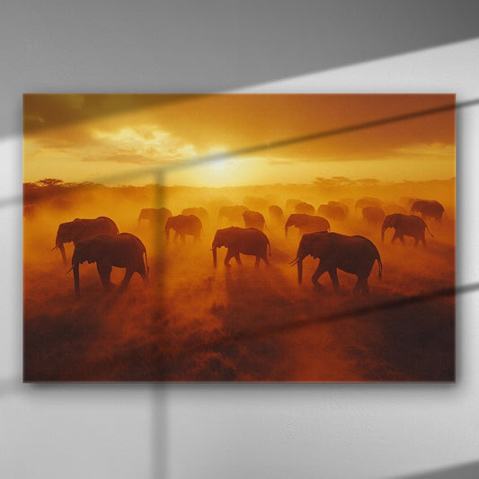 Canvas print of elephants crossing the savannah at sunset with a warm orange glow.