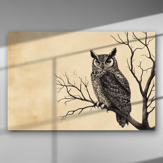 Detailed illustration of an owl on a branch, set against a light background for canvas art.