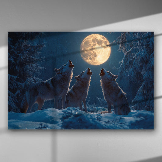 Three wolves howling at the full moon in a snowy forest canvas print.