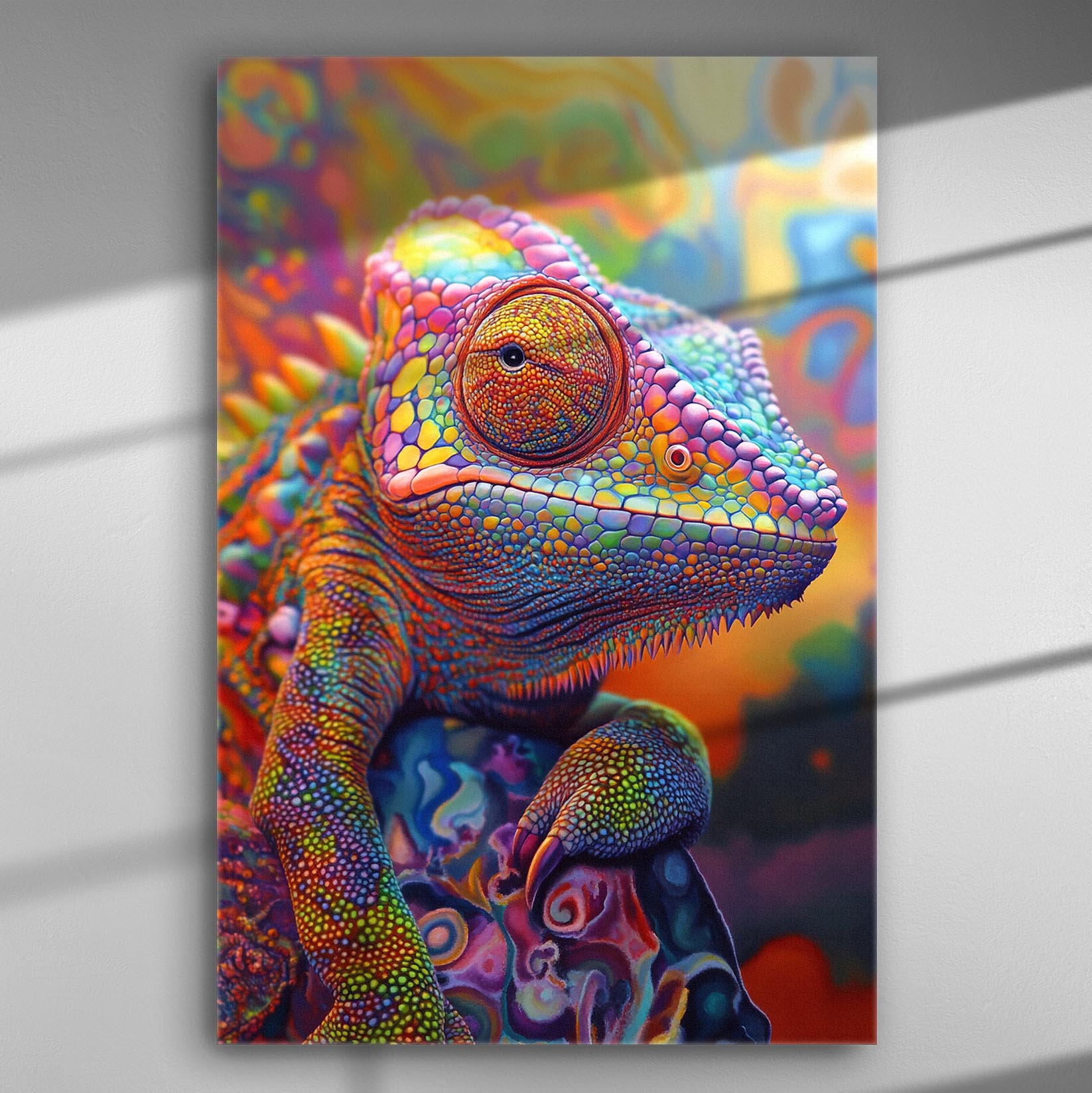 Colorful chameleon on canvas with vivid background, high detail.
