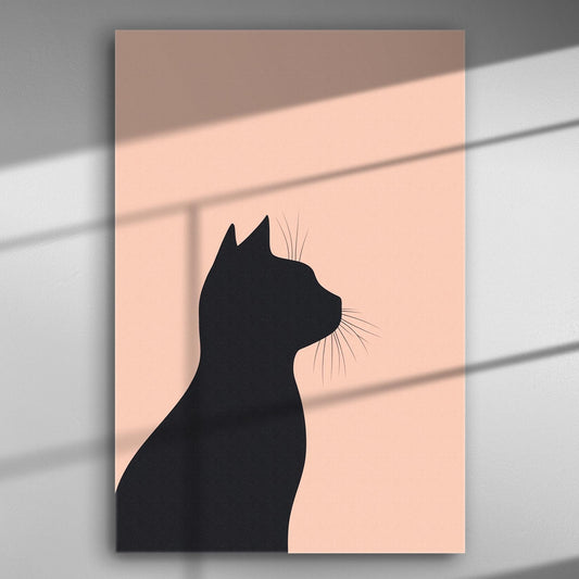 Minimalist canvas print featuring a silhouette of a cat on a soft pink background.