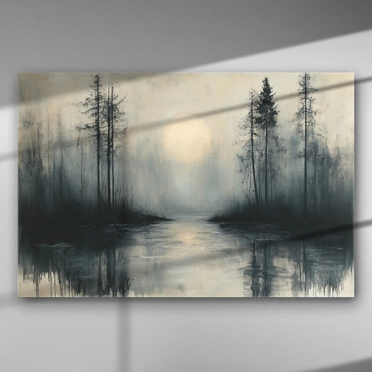 Canvas print of a misty lake with moonlight reflecting on the water and silhouettes of trees.