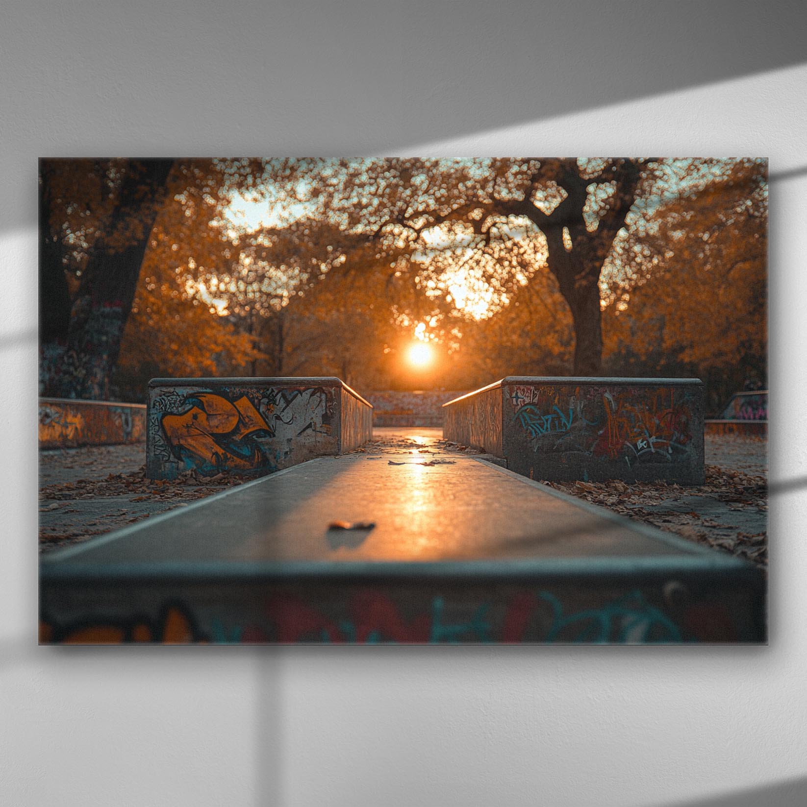 Autumn sunset in a park with graffiti, capturing warm hues and a tranquil atmosphere.