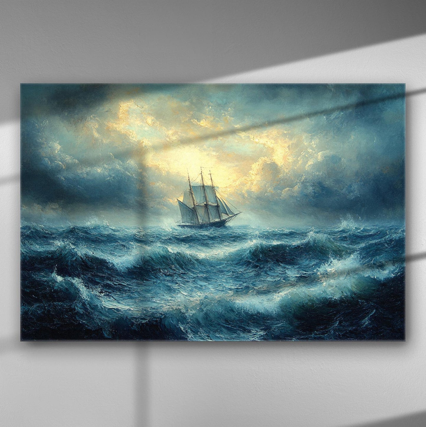 A painting of a ship navigating through stormy seas under a dramatic sky.