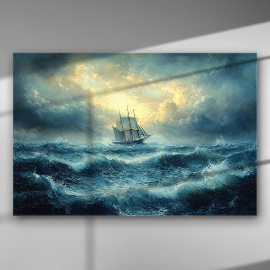 A painting of a ship navigating through stormy seas under a dramatic sky.