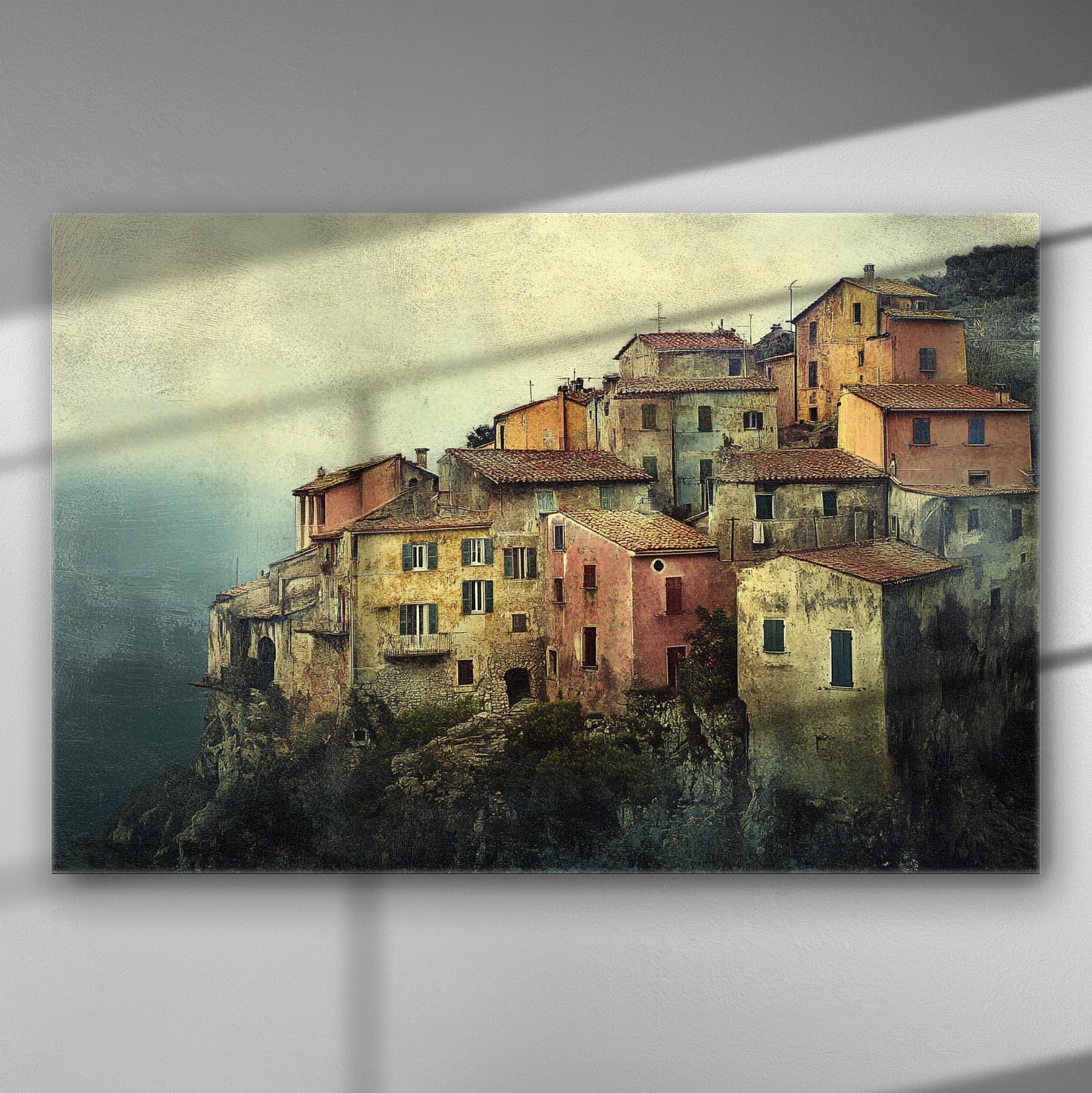 Canvas print featuring picturesque village on a cliff by the sea.