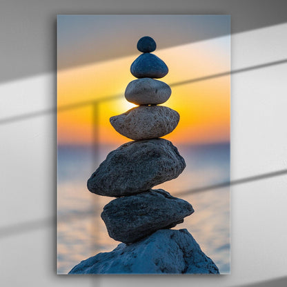 Stacked stones against a sunset background, creating a tranquil and harmonious scene.