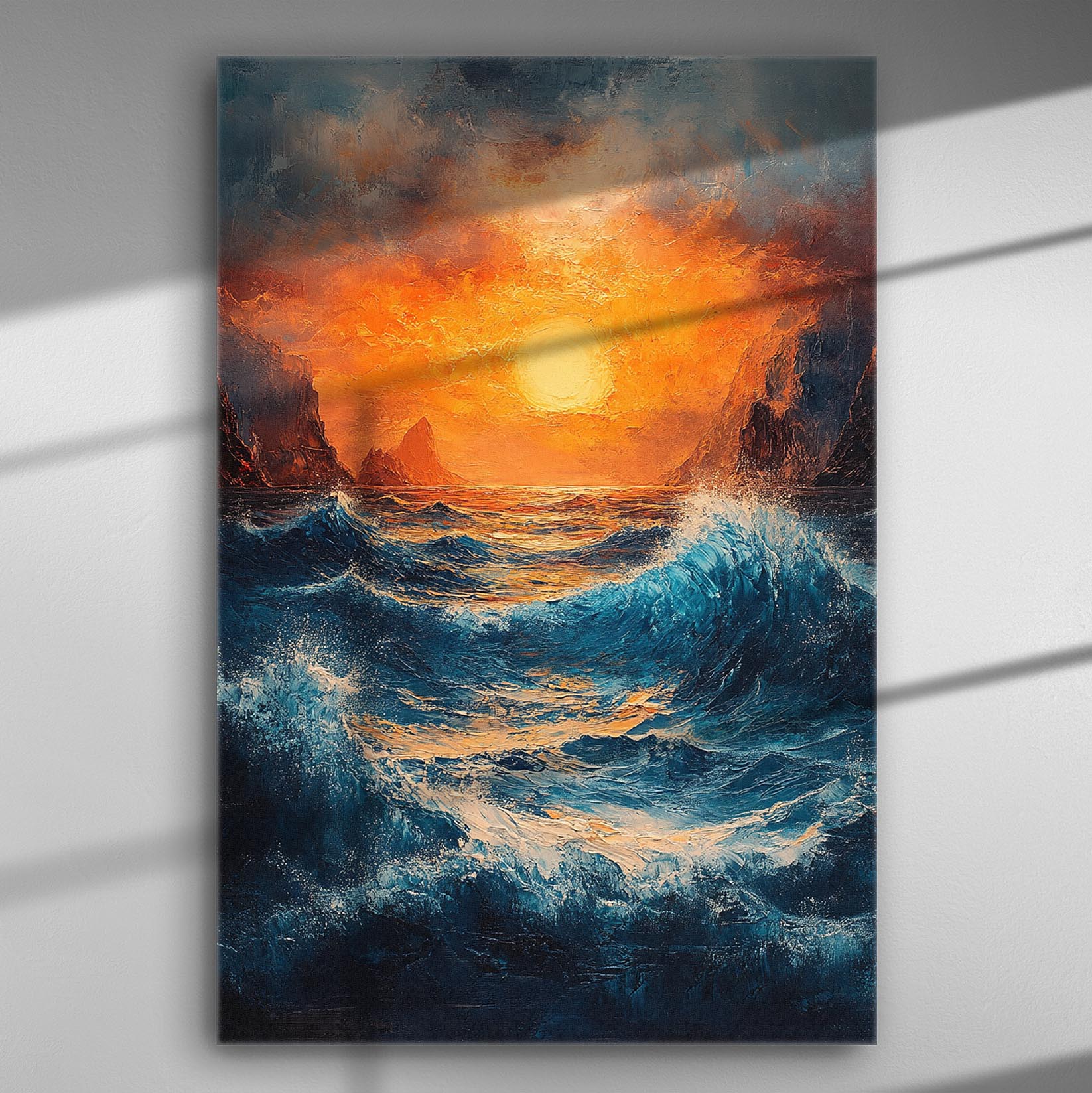 Ocean sunset canvas print with waves and golden sky.