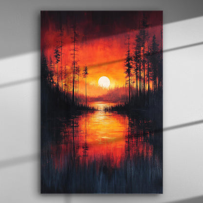 Sunset in a forest with orange and red hues reflected on water.