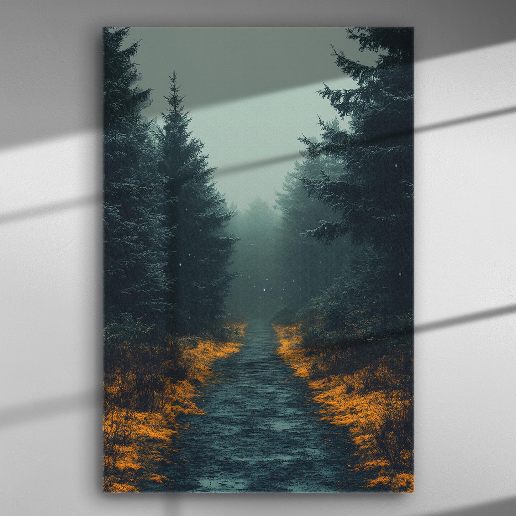Misty forest path surrounded by trees and orange foliage on a canvas print