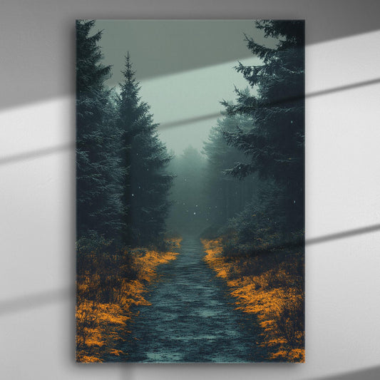 Misty forest path surrounded by trees and orange foliage on a canvas print