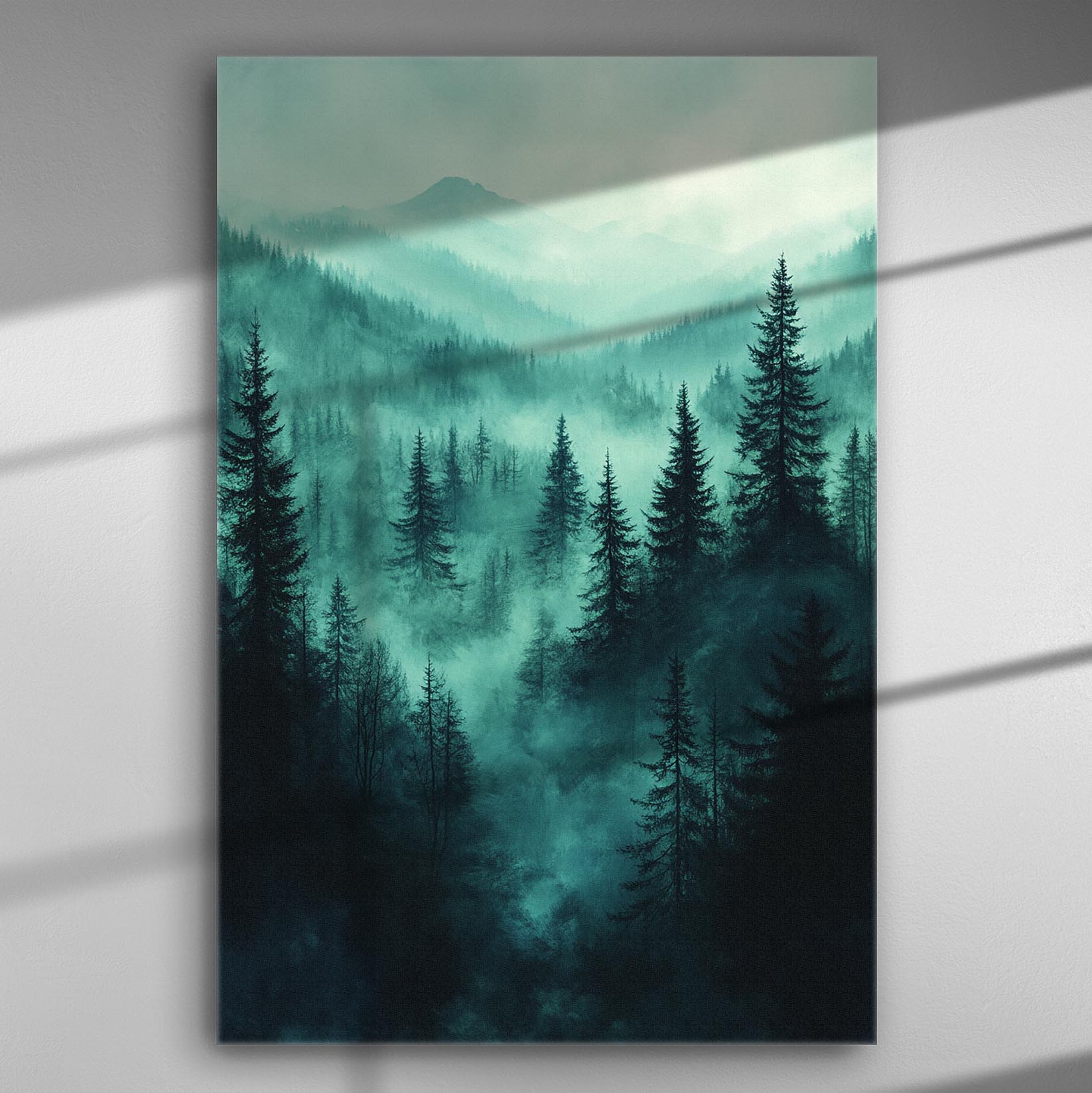 Misty forest with trees and fog in green and blue tones on canvas.