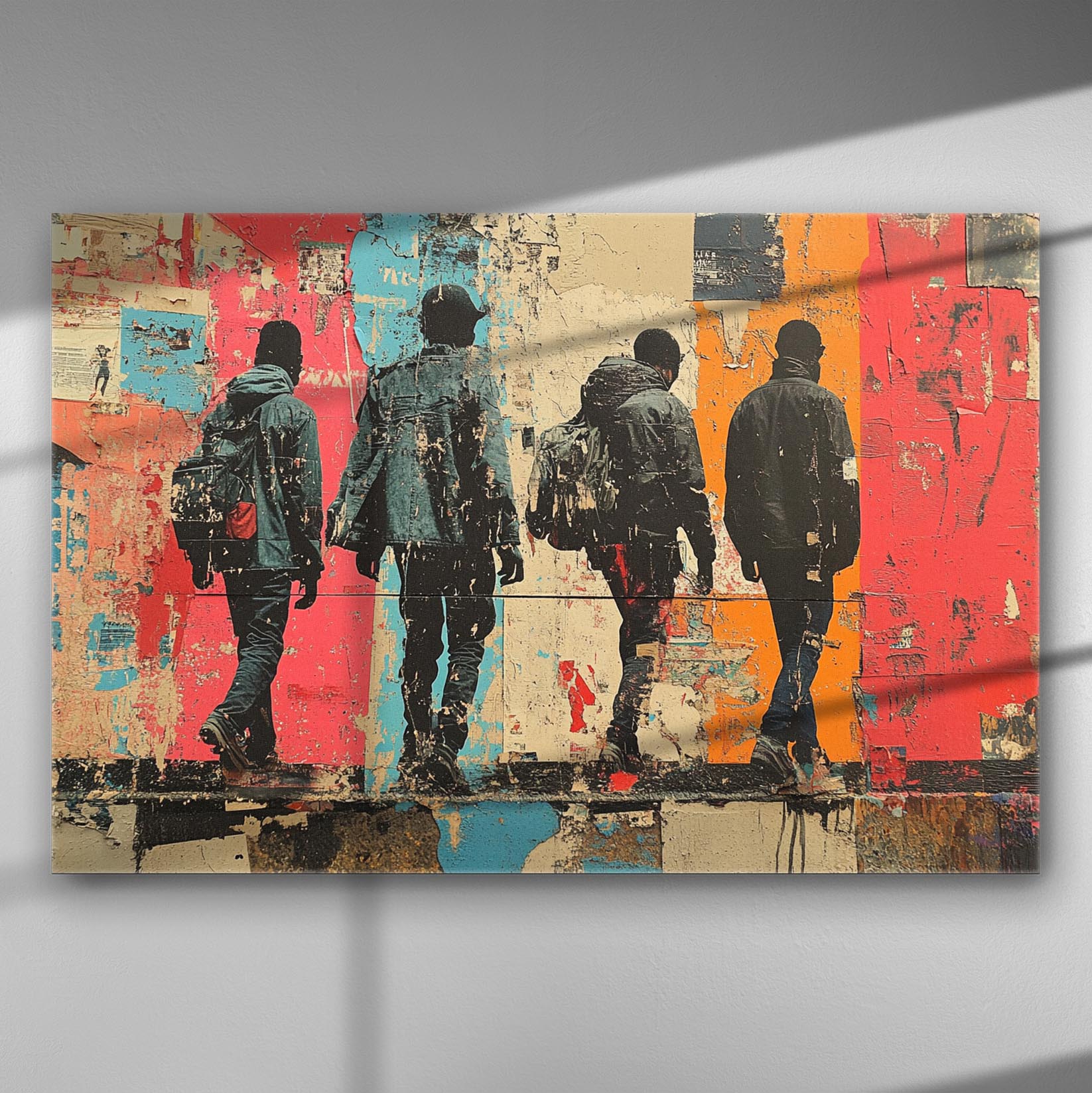 Urban silhouettes walking on a colorful, textured background canvas art.