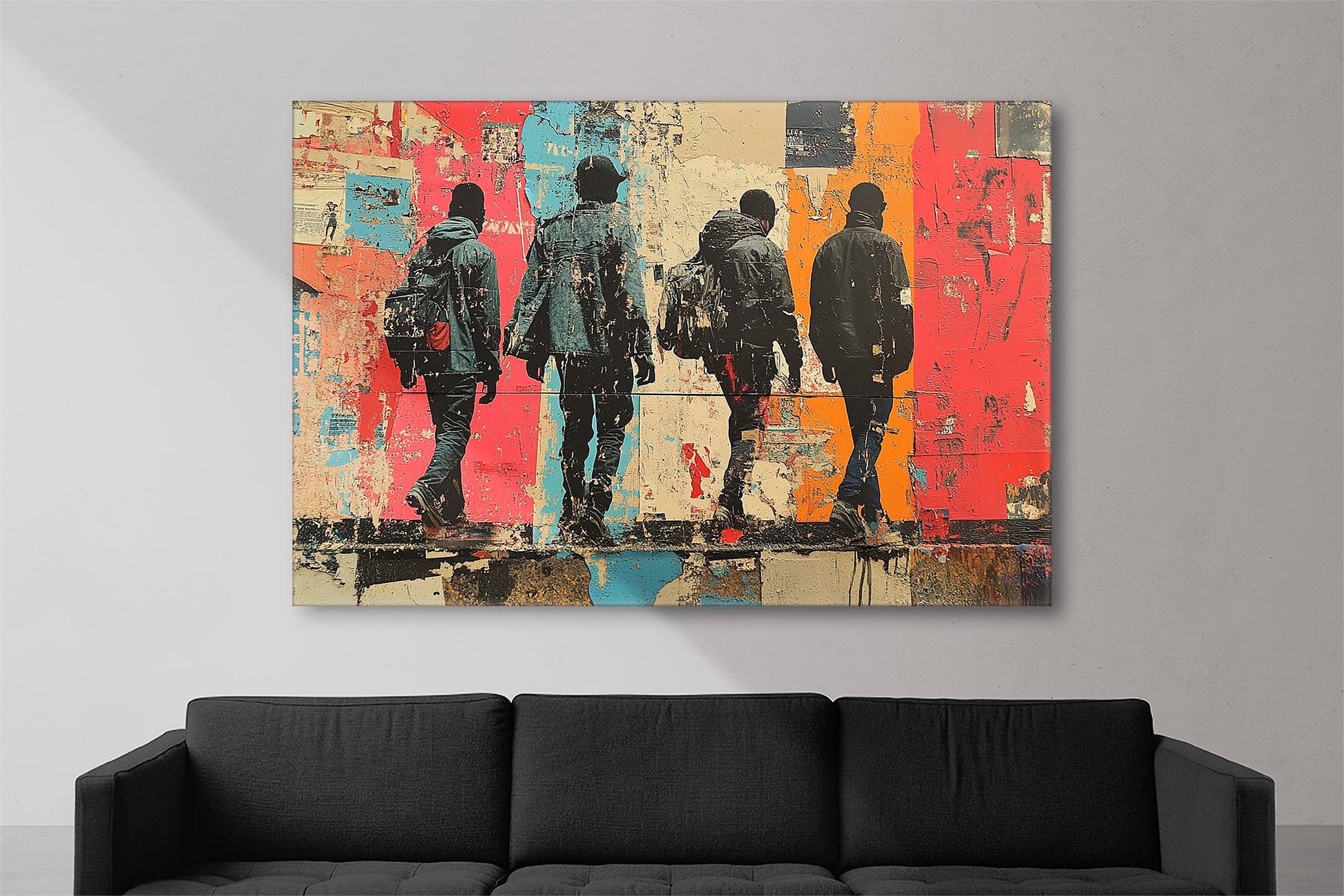 Urban silhouettes walking on a colorful, textured background canvas art.
